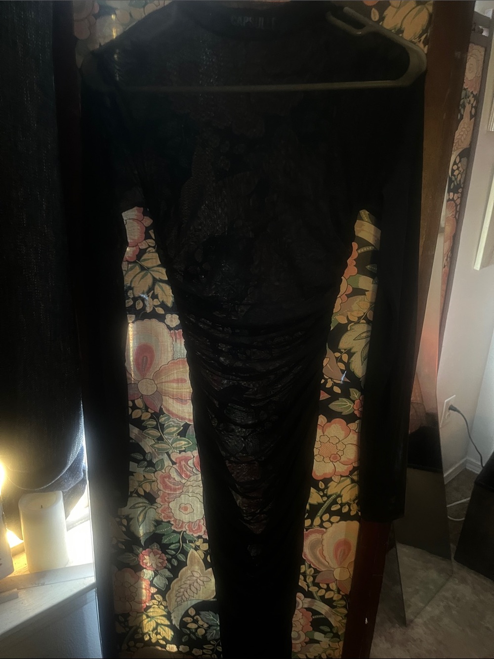 Black mesh bodycon Ruched Long Sleeve maxi Dress super stretchy
